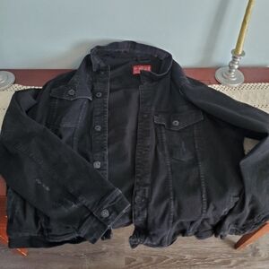 Unisex VINTAGE Black Stretch Denim Jacket Distressed 3X